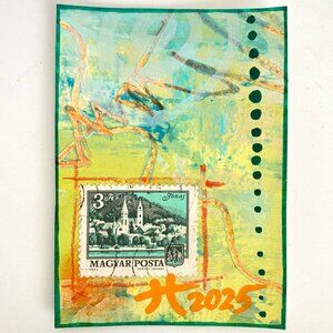 ACEO Original Mixed Media Art 1973 Hungary Tokai Church City Postage Stamp ATC